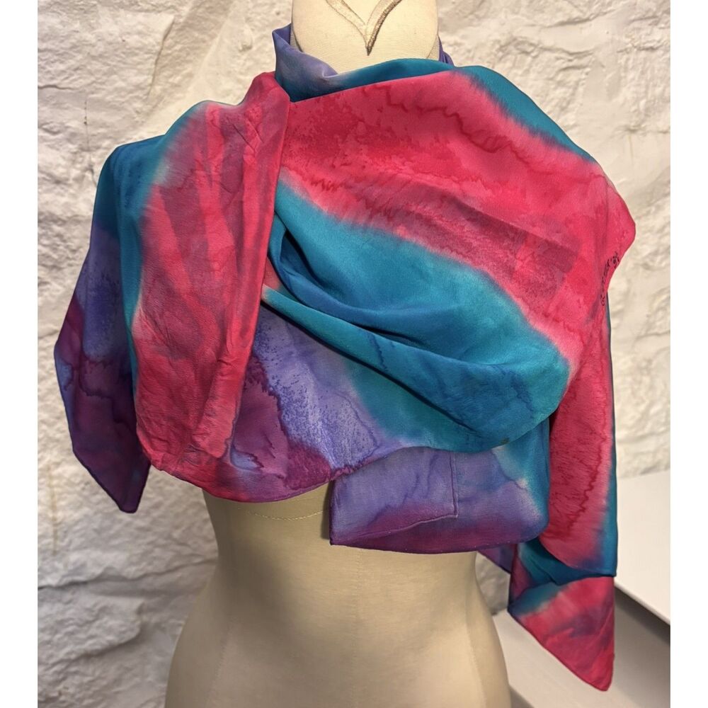 Vintage 1989 Artisan Signed Hand-Dyed Silk Scarf 32x34 Wearable Art Abstract